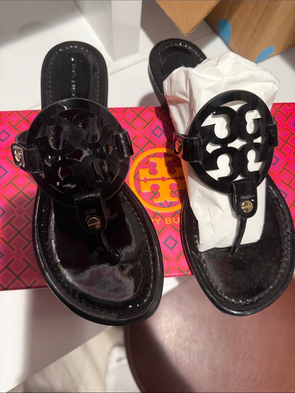 Tory Burch Black Patent Logo Thong Sandals